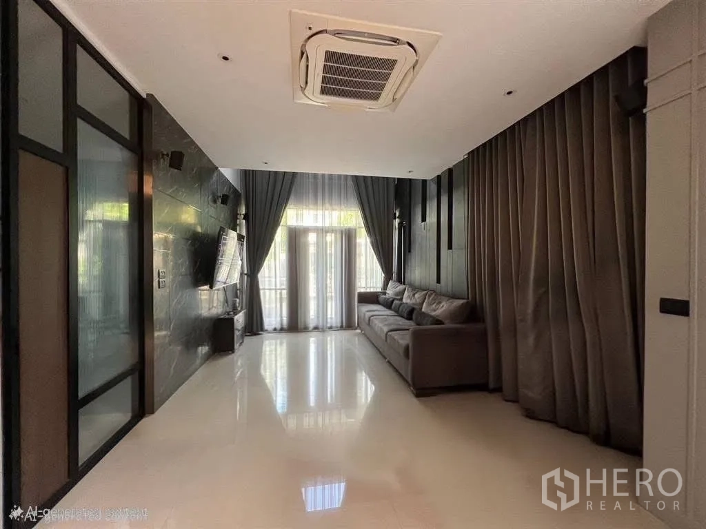 Detached House for rent in Prawet, Bangkok - Modern two-storey house exterior with balcony, gated entry and covered carport.