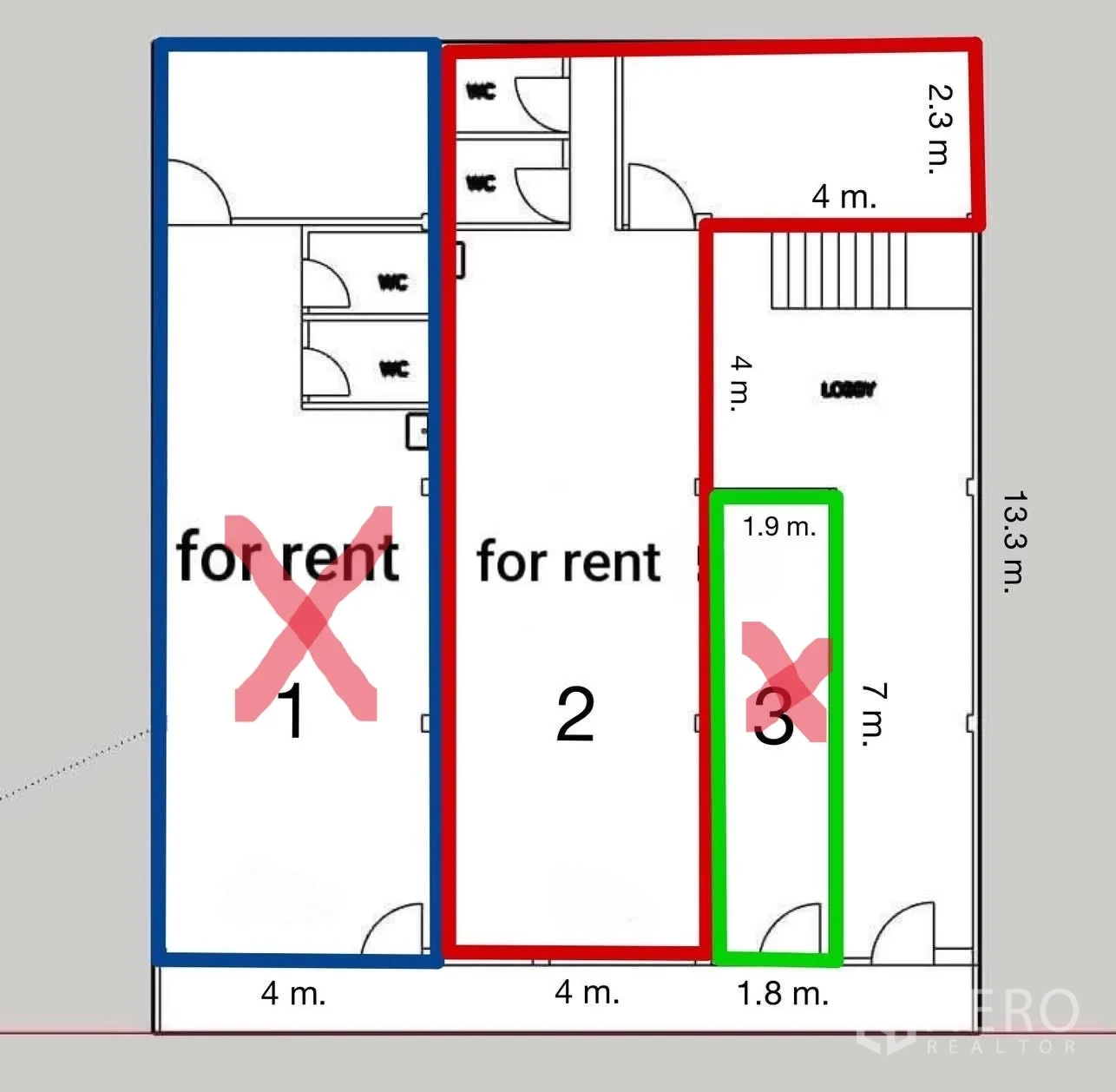 พื้นที่ขายของ for rent in Watthana, Bangkok - แบบแปลนที่ไฮไลต์ห้องค้าปลีกสองยูนิตและมีห้องน้ำส่วนกลางด้านหลัง.