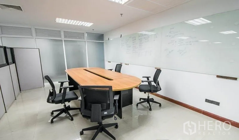 Office Space for rent in Huai Khwang, Bangkok - Meeting room perspective showing glass partitions and full-length whiteboard.