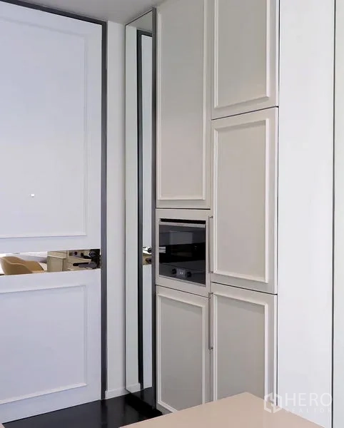 公寓 出租在Pathum Wan, Bangkok - 白色柜门的厨房，嵌入式微波炉与紧凑布局