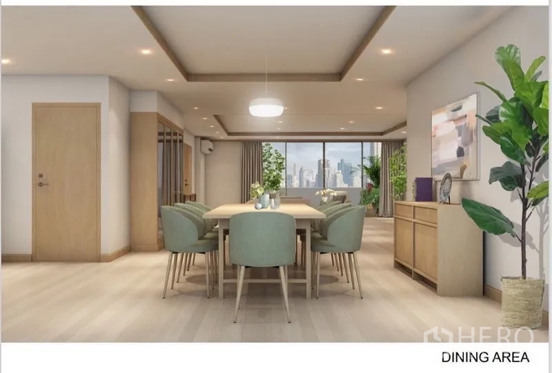 อพาร์ทเมนท์ ให้เช่าในKhlong Toei, Bangkok - พื้นที่รับประทานอาหารพร้อมโต๊ะยาว โคมไฟเพดาน และวิวเมืองผ่านหน้าต่างกว้าง