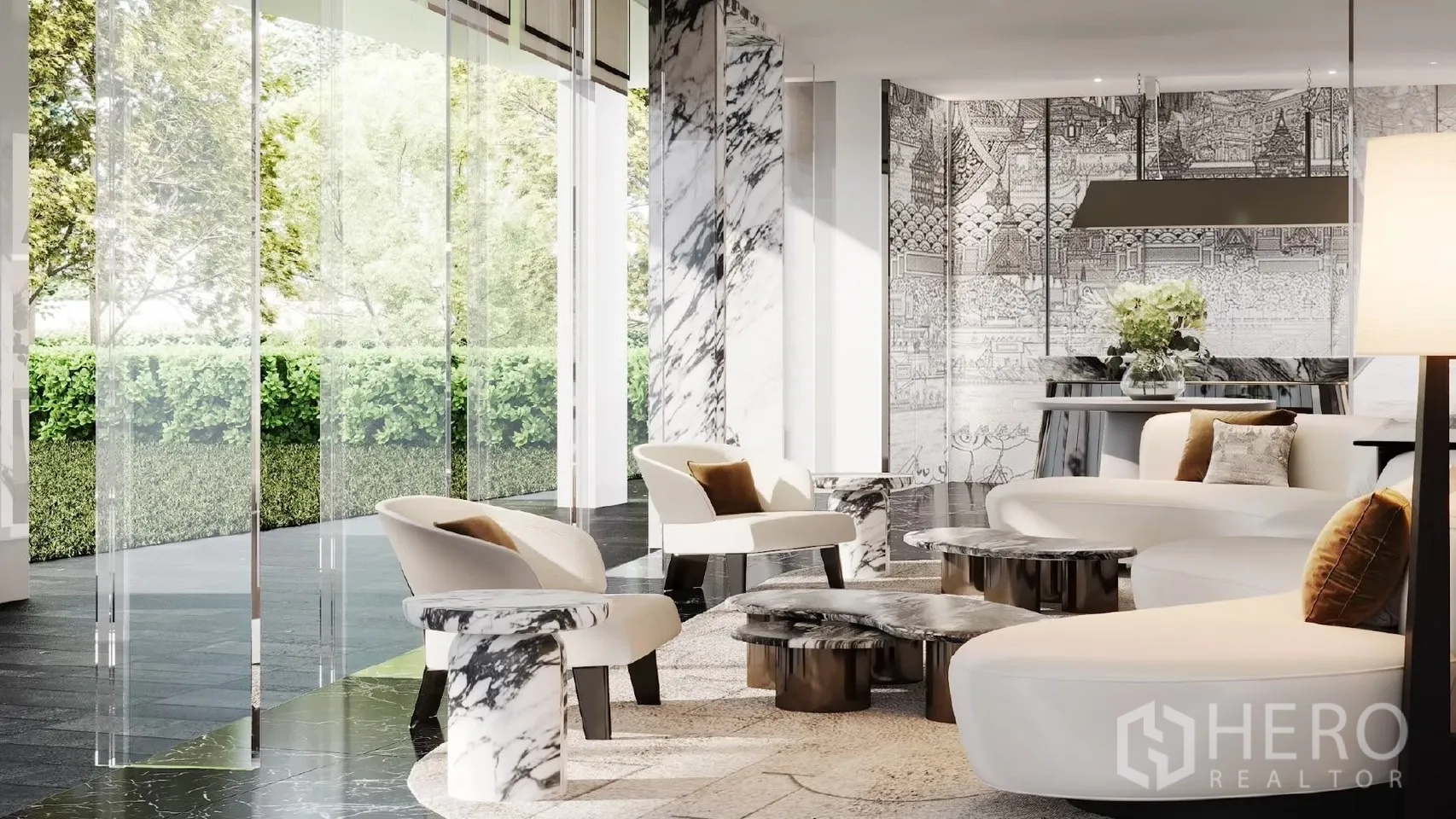 คอนโด ให้เช่า - ล็อบบี้หรู พื้นผนังหินอ่อน โซฟาดีไซน์ มองสวนผ่านกระจก