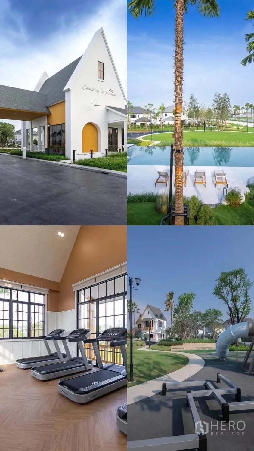 联排别墅 for rent in Bang Phli, Samut Prakan - 社区会所外观、带躺椅的泳池、健身房与儿童游乐场，绿化景观环绕。