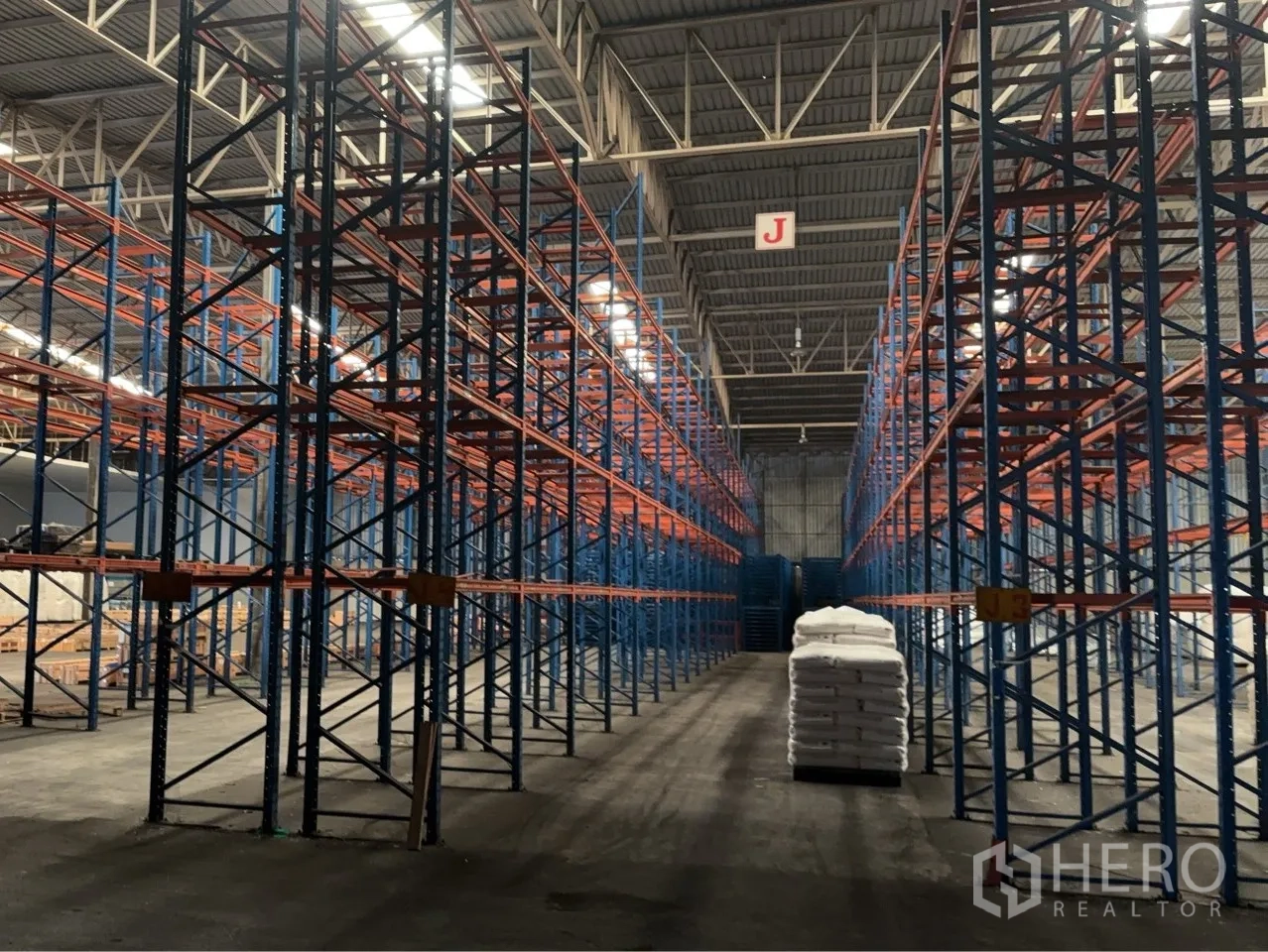 โกดัง for rent in Bang Pa-in, Phra Nakhon Si Ayutthaya - ภายในโกดังขนาดใหญ่ เพดานสูง มีสกายไลท์ และชั้นวางพาเลทสีน้ำเงินส้มเรียงยาวตามทางเดินกว้าง