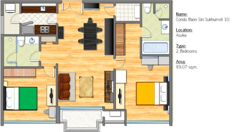 公寓 出售在Khlong Toei, Bangkok - 两卧室约89平米的公寓平面图。
