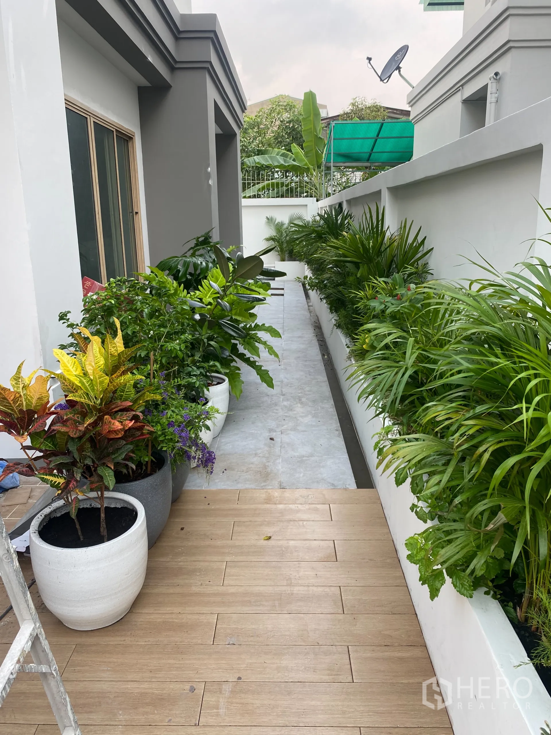 独立式住宅 出售在Suan Luang, Bangkok - 侧边露台的花槽与盆栽，紧邻推拉玻璃门。