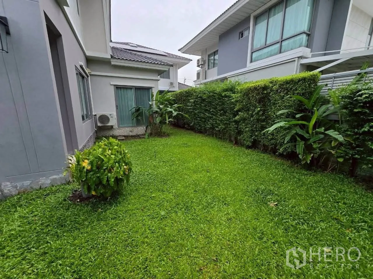 Detached House for rent or sale in Lat Krabang, Bangkok - Lush side garden with trimmed hedge beside the modern grey house.
