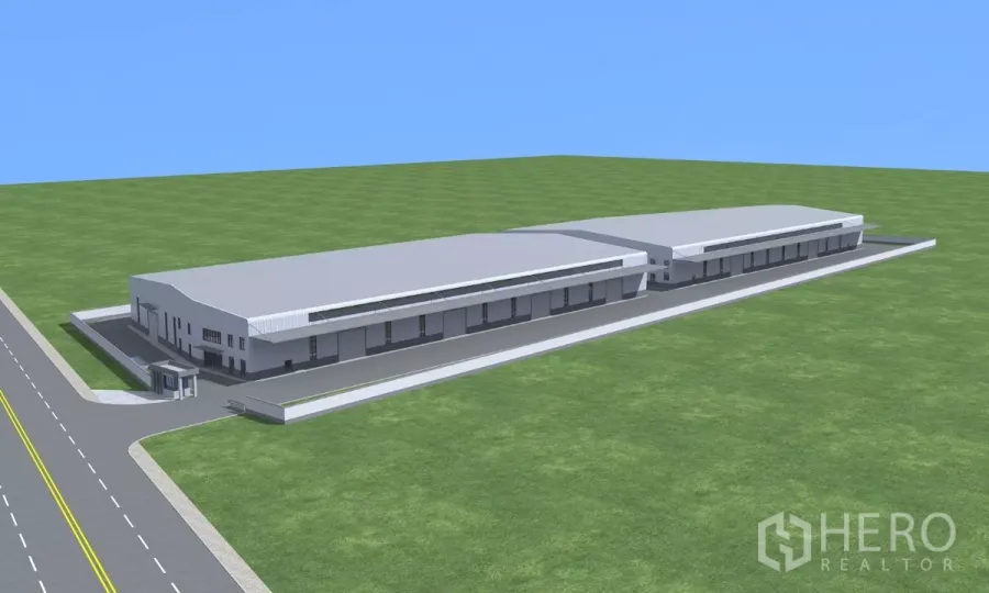 工厂 出租在Chon Buri - 位于波汶是拉差的现代双联厂房3D鸟瞰图，设装卸月台、围墙与门岗，主干道出入口宽阔。