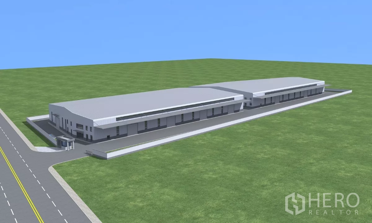 工厂 出租在Chon Buri - 位于波汶是拉差的现代双联厂房3D鸟瞰图，设装卸月台、围墙与门岗，主干道出入口宽阔。