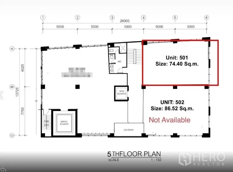สำนักงาน ให้เช่าในKhlong Toei, Bangkok - แปลนชั้น 5 ไฮไลต์ยูนิต 501 ขนาด 74.40 ตร.ม. ติดลิฟต์และบันได