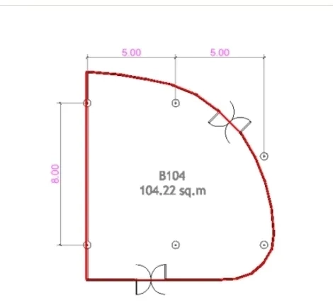 พื้นที่ขายปลีก ให้เช่าในKhlong Toei, Bangkok - ผังห้องพื้นที่ค้าปลีกมุม B104 ขนาด 104 ตร.ม. หน้าร้านโค้งและมีประตูสองจุด