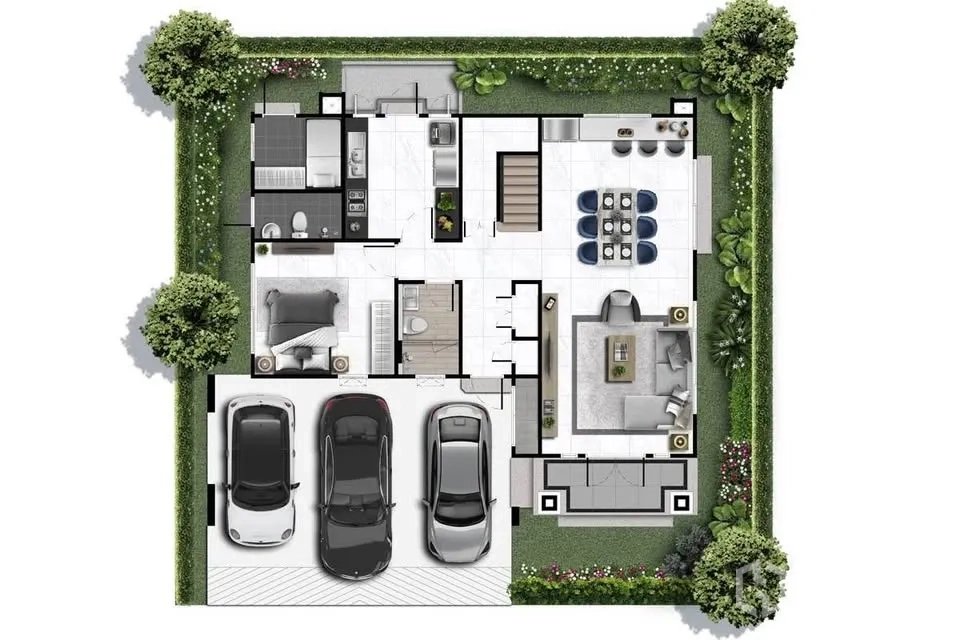 Detached House for rent in Don Mueang, Bangkok - Ground-floor plan with living room, dining area, kitchen, bedroom, and three-car carport.