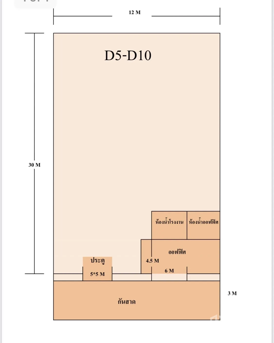 คลังสินค้า ให้เช่าในKhlong Luang, Pathum Thani - ผังพื้นที่แสดงขนาด 12x30 ม. พร้อมโซนออฟฟิศ ห้องน้ำ และประตู 5x5 ม.