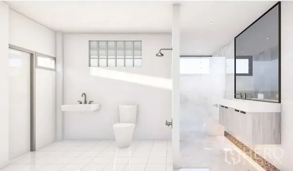 独立式住宅 出租在Lat Phrao, Bangkok - 明亮的浴室，白色瓷砖，马桶、壁挂洗手盆、步入式淋浴和长台盆镜柜。