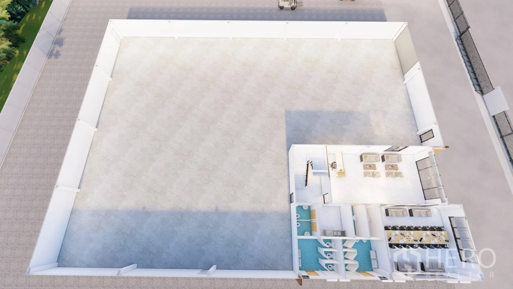 Factory for rent or sale in Lam Luk Ka, Pathum Thani - Top-down layout showing warehouse hall with office, meeting rooms, and restrooms in one corner.