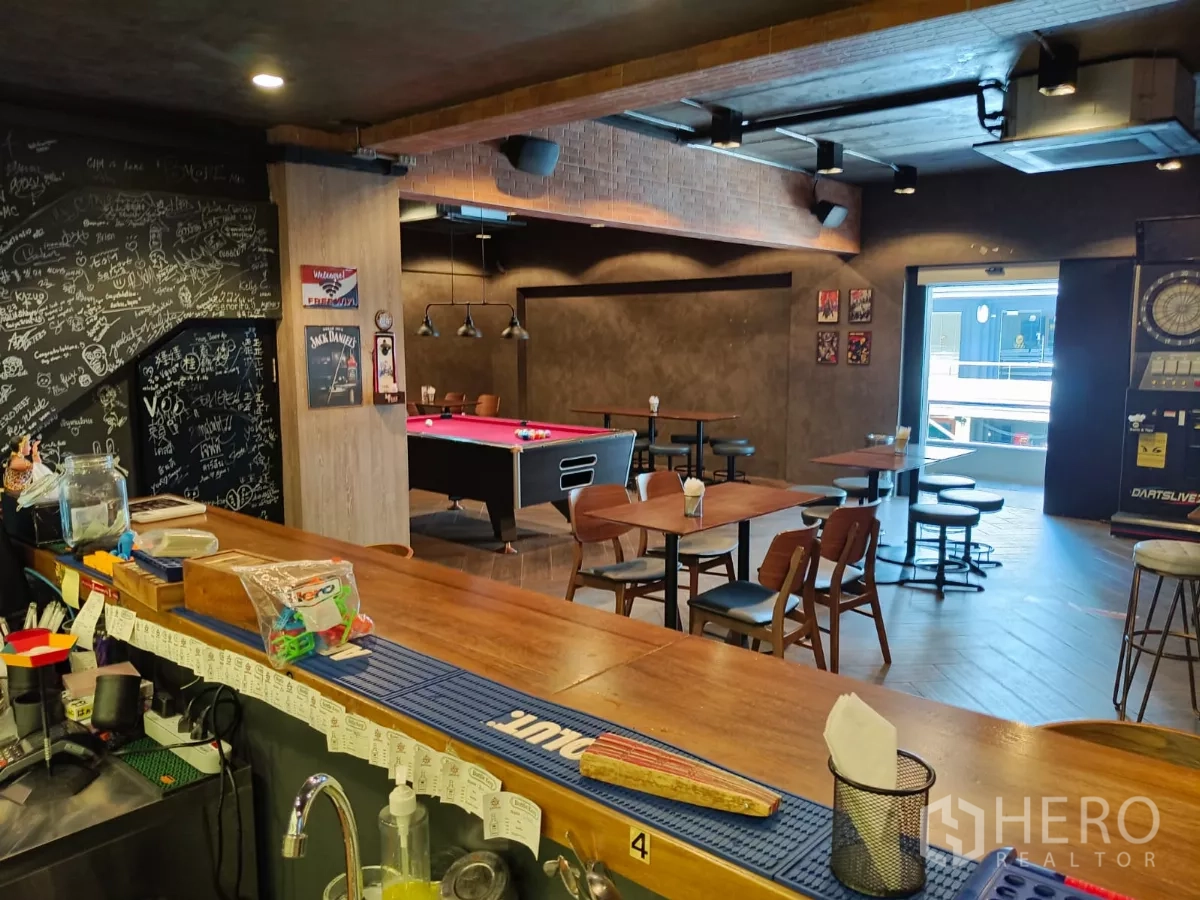 Retail Space for rent - View from the bar counter to lounge seating with pool table and chalkboard wall.