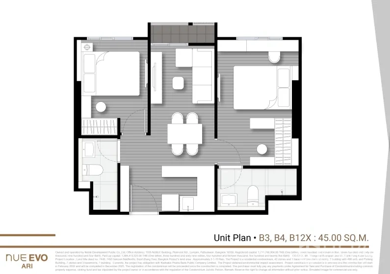 คอนโด ขายในPhaya Thai, Bangkok - ผังห้องคอนโดขนาด 45 ตร.ม. แบบ 2 ห้องนอน 1 ห้องน้ำ มีพื้นที่นั่งเล่น-ทานอาหาร ครัวกะทัดรัด และระเบียง