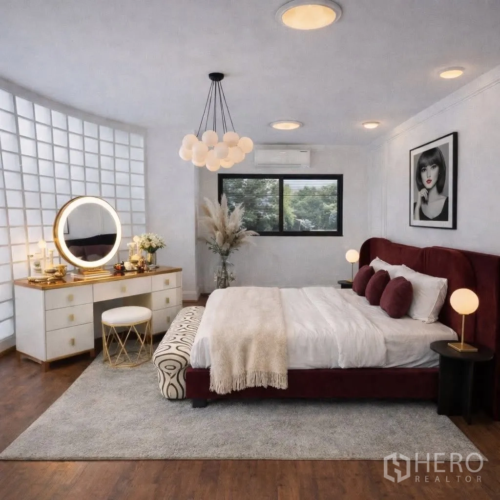 บ้านเดี่ยว for rent in Suan Luang, Bangkok - ห้องนอนกว้าง เตียงกำมะหยี่สีแดงเบอร์กันดี โต๊ะเครื่องแป้งกระจกกลม และแสงไฟอบอุ่น