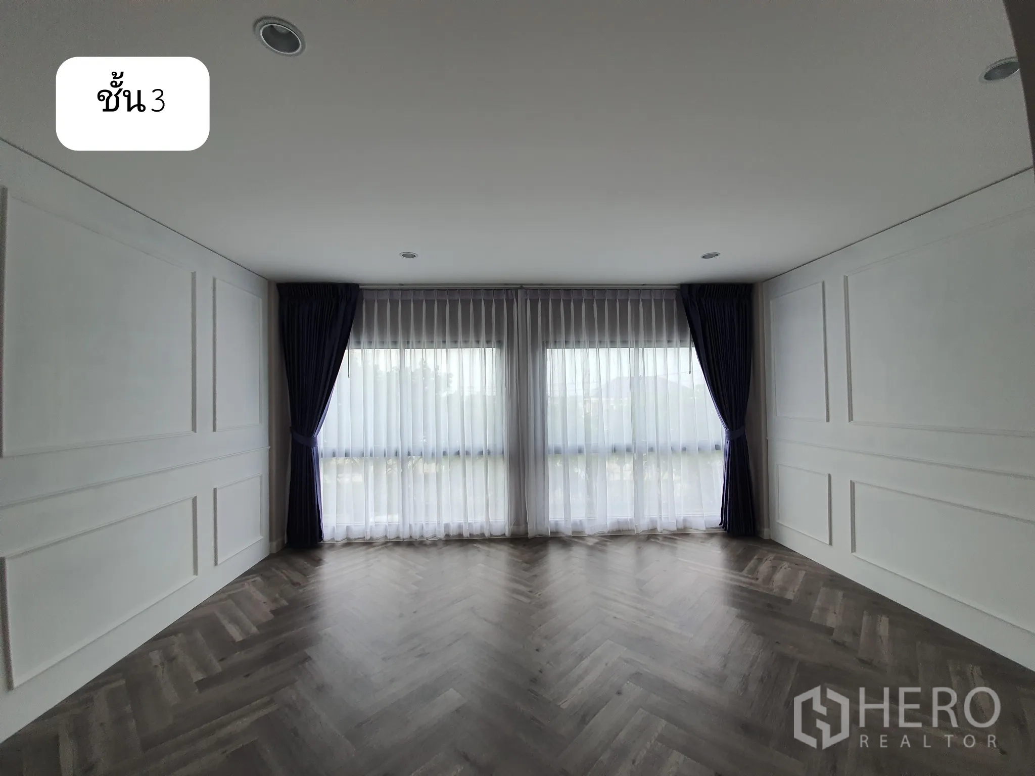 Home Office for rent or sale in Prawet, Bangkok - Third-floor room with wide windows and sheer curtains bringing in soft daylight.