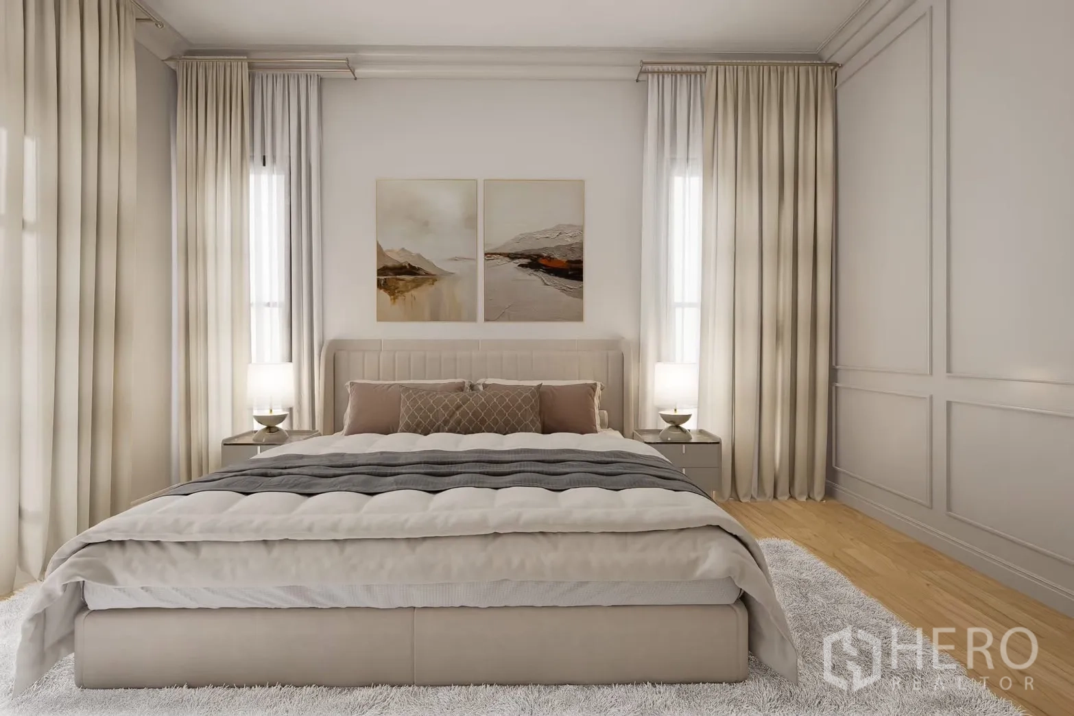 独立式住宅 出租在Bang Phli, Samut Prakan - 宽敞卧室，中性色调与床头台灯。