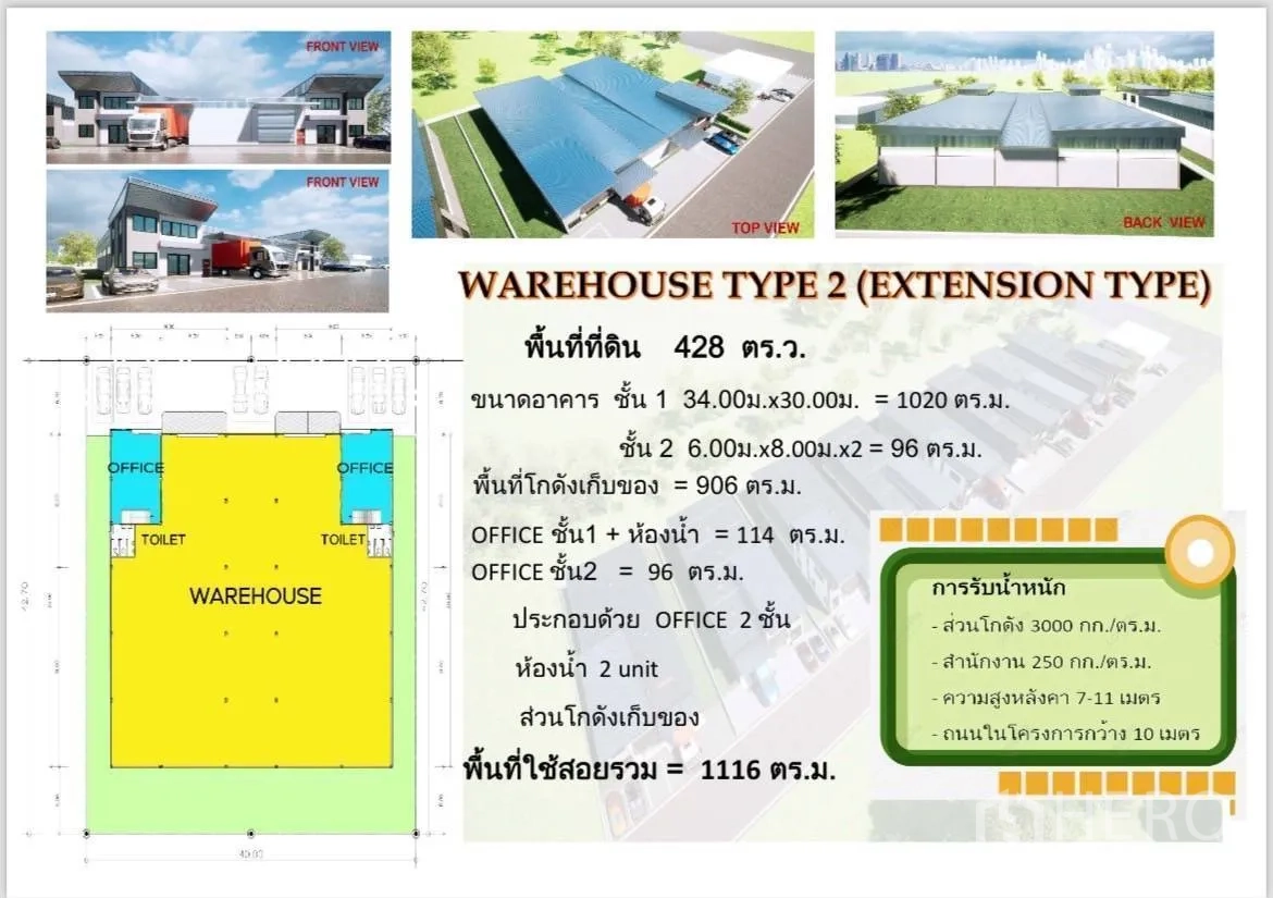 Factory for rent in Bang Phli, Samut Prakan - Warehouse Type 2 floor plan and specifications showing office areas, dimensions and total usable space.