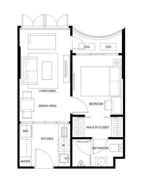 คอนโด ขายในWatthana, Bangkok - ผังห้องคอนโด 37 ตร.ม. 1 ห้องนอน แสดงโถงนั่งเล่น‑รับประทานอาหาร ครัวปิด วอล์กอินคลอเซ็ต และห้องน้ำ