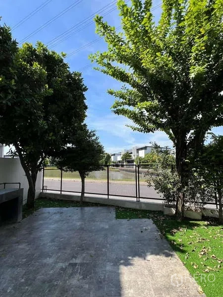 Detached House for rent or sale in Bang Phli, Samut Prakan - Front patio shaded by trees with a view through the metal fence to the street.