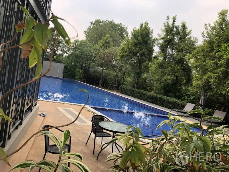 Detached House for rent in Saphan Sung, Bangkok - Communal outdoor swimming pool with seating area, trees and landscaped surroundings.