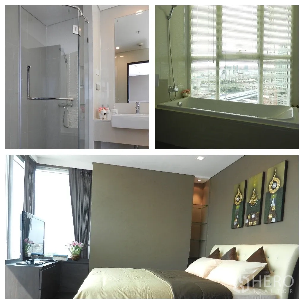 คอนโด ให้เช่าในWatthana, Bangkok - ภาพรวมของห้องน้ำพร้อมตู้ฝักบัวกระจก อ่างอาบน้ำริมหน้าต่างเห็นวิวเมือง และมุมห้องนอนสงบ