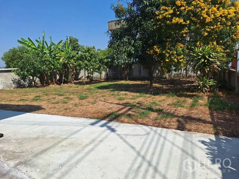 Warehouse for sale in Pathum Thani - Green yard inside the compound with mature trees and a lawn area.