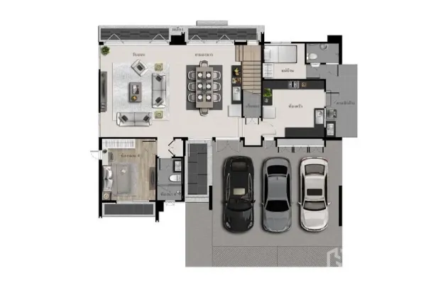 Detached House for sale in Bang Kapi, Bangkok - Ground floor plan showing open living and dining areas, pantry, separate Thai kitchen, maid’s room and a three-car garage.