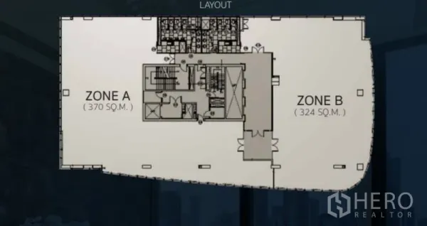 办公空间 出租在Bang Rak, Bangkok - 楼层平面图，标注370㎡A区与324㎡B区及核心筒与电梯。
