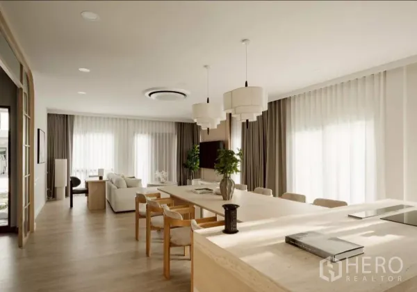 Detached House for rent in Bang Phli, Samut Prakan - Bright dining area with a long table, pendant lights and sheer curtains in Japandi style