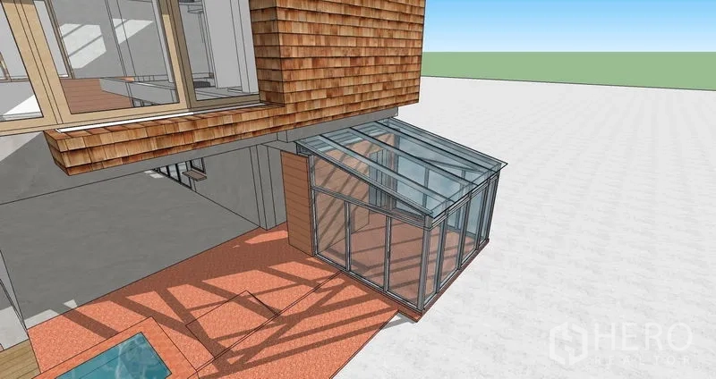 零售空间 出租在Watthana, Bangkok - 木瓦挑檐下的玻璃盒子式扩建俯视角，Ekkamai项目。