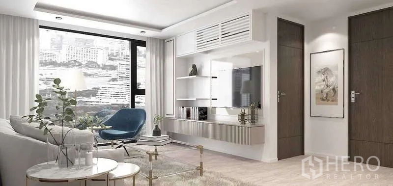 คอนโด ขาย - ภาพเรนเดอร์ผนังทีวีพร้อมตู้คอนโซลลอยและชั้นวาง