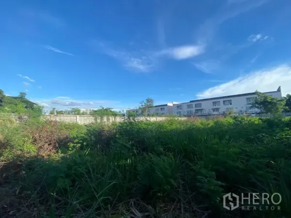 货栈 出租在Suan Luang, Bangkok - 院内植被茂盛的空地，围墙外可见邻近联排住宅。