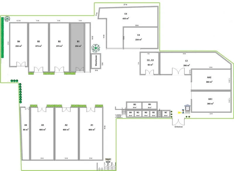 Warehouse for rent in Suan Luang, Bangkok - Site plan of the warehouse complex showing unit layout, entrances and circulation.
