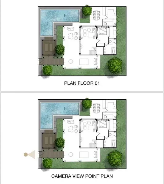 独立式住宅 出售在Suan Luang, Bangkok - 建筑平面图，展示一层布局及L形泳池、露台与花园区域。