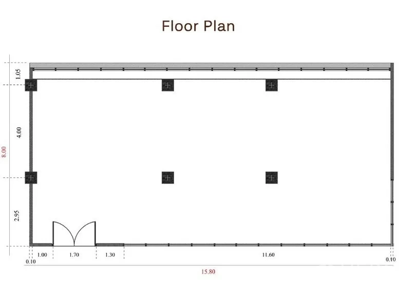 办公空间 出租在Watthana, Bangkok - 127㎡矩形办公室平面图，柱网布局与双开门入口。