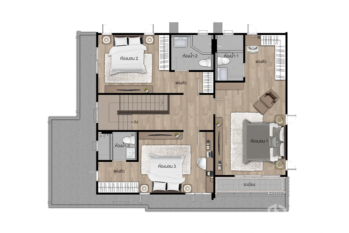 บ้าน ให้เช่าหรือขายในLam Luk Ka, Pathum Thani - ผังชั้นบน แสดงสามห้องนอน ห้องน้ำ และระเบียง