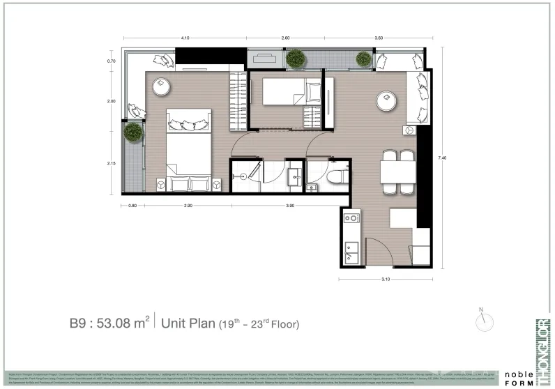 คอนโด ขายในWatthana, Bangkok - ผังห้องคอนโดขนาด 53.08 ตร.ม. 1 ห้องนอน พลัส พื้นที่นั่งเล่นแบบเปิด ครัวรูปตัวแอล ห้องน้ำหนึ่งห้อง และระเบียง
