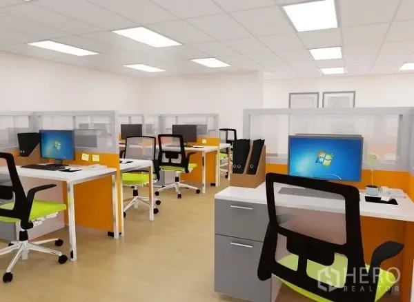 Office Space for rent in Pak Kret, Nonthaburi - Open-plan workspace featuring partitioned desks, computer monitors, and ergonomic chairs.