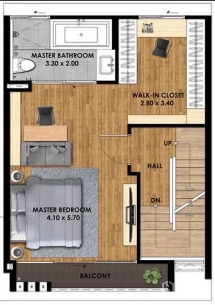 ทาวน์เฮาส์ ให้เช่าหรือขายในSuan Luang, Bangkok - แปลนชั้นสาม ห้องนอนใหญ่พร้อมวอล์กอินคลอเซ็ต ห้องน้ำในตัว และระเบียง