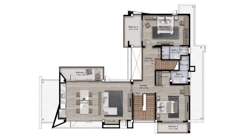 Detached House for rent or sale in Saphan Sung, Bangkok - Second floor plan with three bedrooms, balconies and bathrooms.