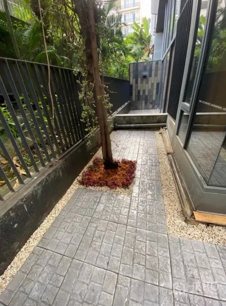 Condominium for rent in Watthana, Bangkok - Private outdoor patio with paved walkway, tree planter, and sliding glass doors.