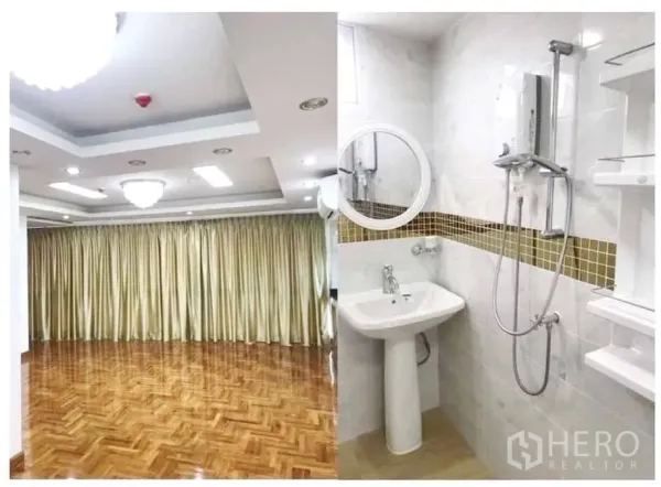Apartment for sale in Khlong Toei, Bangkok - Composite image: chandeliered function room with drapes and a modern tiled bathroom with shower.