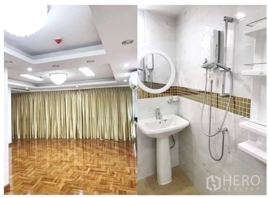 Apartment for sale in Khlong Toei, Bangkok - Composite image: chandeliered function room with drapes and a modern tiled bathroom with shower.