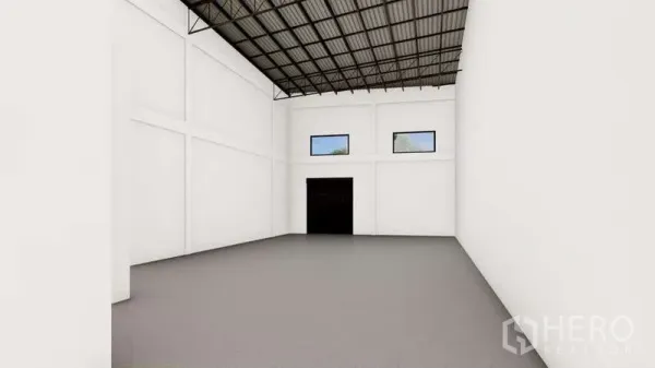 Warehouse for sale in Lat Lum Kaeo, Pathum Thani - Spacious high-ceiling warehouse hall with metal truss roof and two high windows.