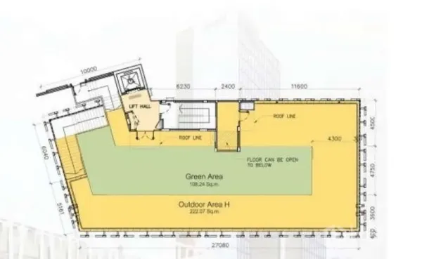 พื้นที่ขายปลีก ให้เช่าในSathon, Bangkok - ผังชั้นพื้นที่ค้าปลีก แสดงโซนสีเขียว เทอเรซกลางแจ้ง และทางขึ้นลิฟต์