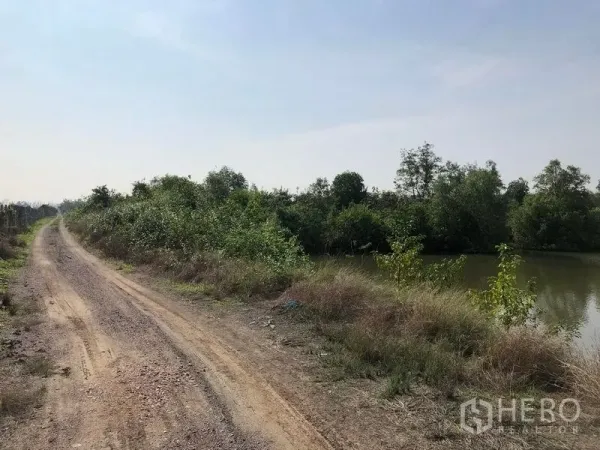 Land for sale in Samut Songkhram - Gravel access road running beside a canal and greenery on an expansive rural land plot in Amphawa.